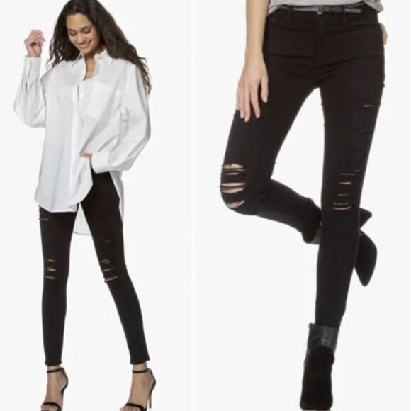 Frame Demin Mid Rise Le Skinny de Jeanne Distressed Black Denim Jean Size 25 - Picture 1 of 17